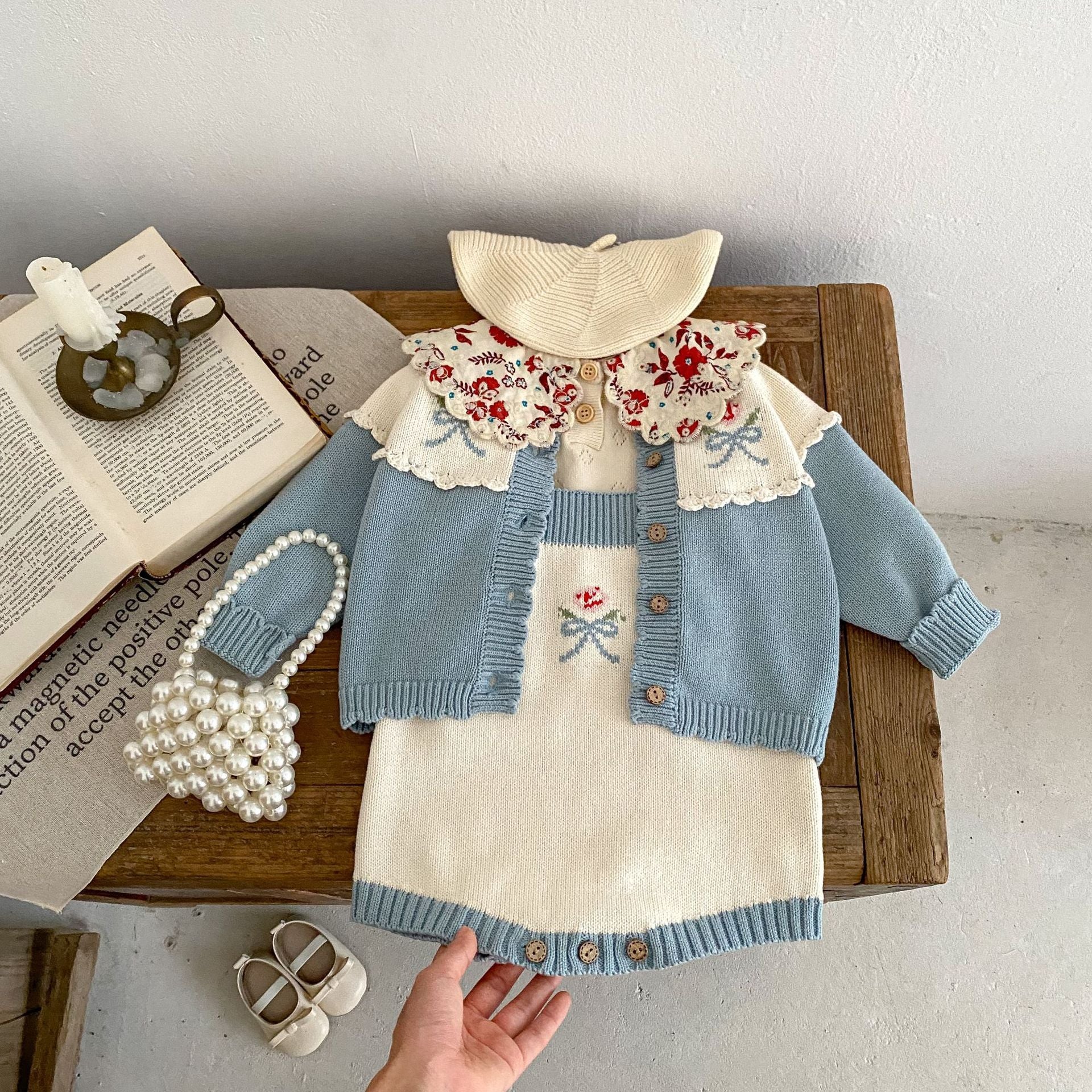 Hand Crocheting Lace Jacquard Knitted Coat And Spaghetti Straps Knitted Romper
