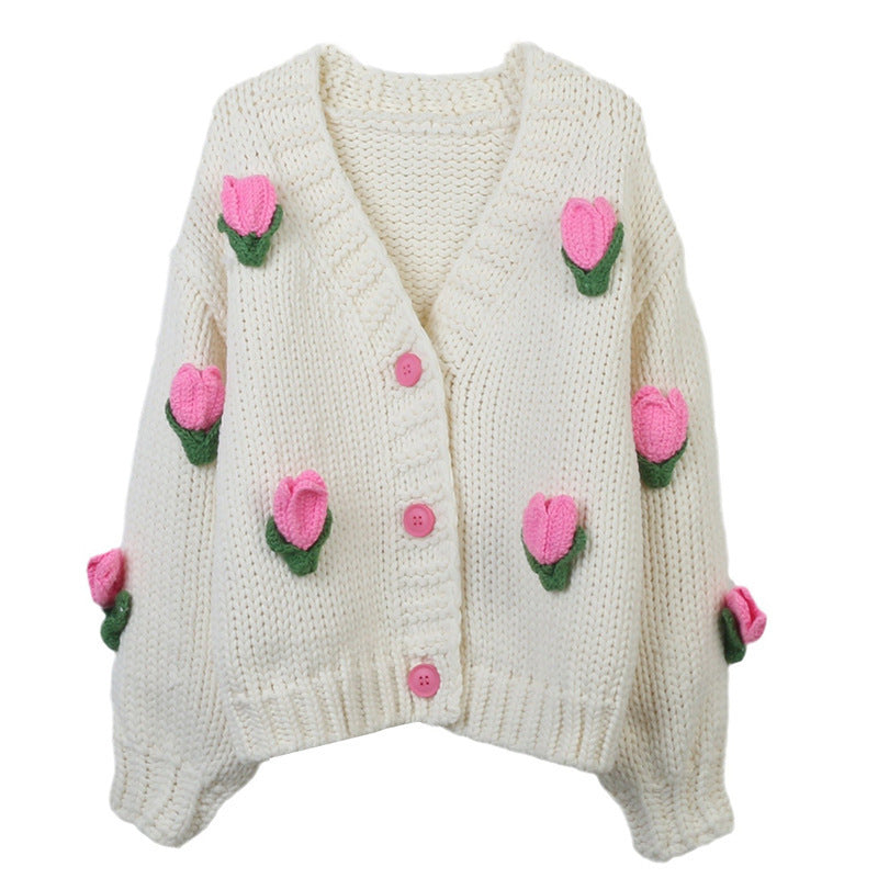 Sweet Sweater Cardigan Hand Crocheting Flower Loose V-neck