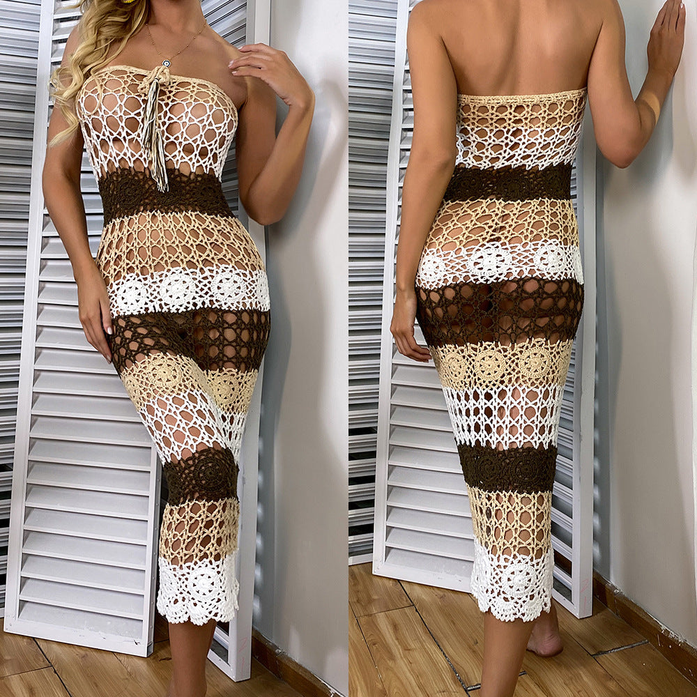 Women's Sexy Cutout Color Matching Hand Crocheting Beach Dress