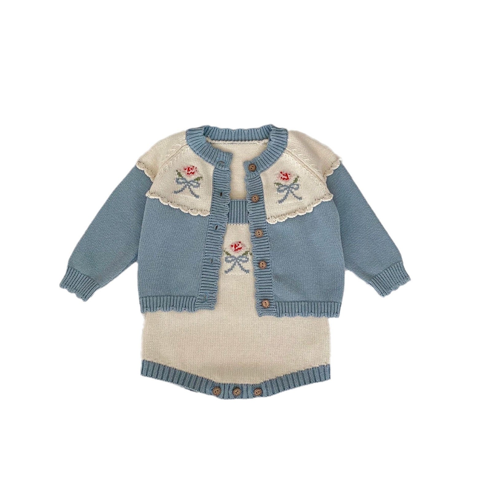 Hand Crocheting Lace Jacquard Knitted Coat And Spaghetti Straps Knitted Romper