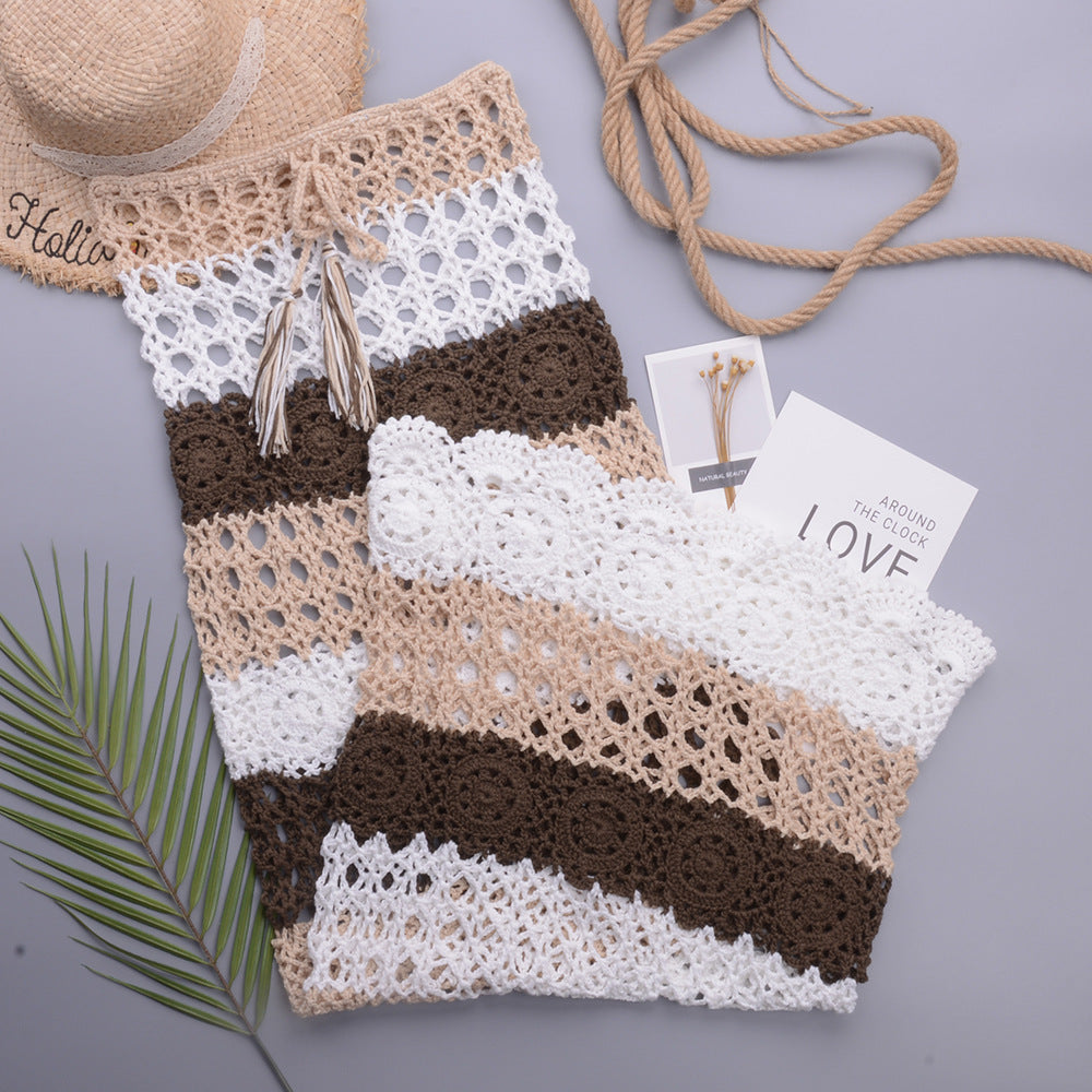Women's Sexy Cutout Color Matching Hand Crocheting Beach Dress