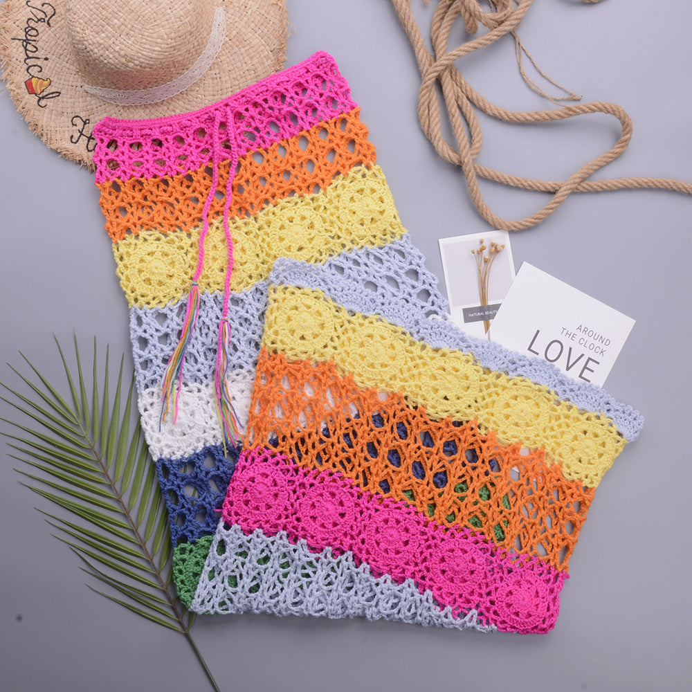 Women's Sexy Cutout Color Matching Hand Crocheting Beach Dress